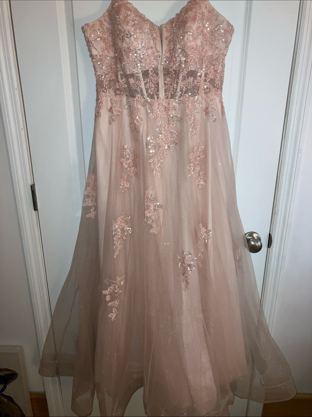 David's Bridal Blush Pink Lace A-Line Prom Dress